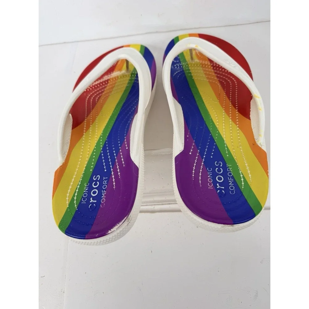 Crocs Iconic Comfort Rainbow Flip Flops White Men's Size 11 Pride‎ Sandals
